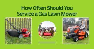 Homeowner performing routine service on a gas lawn mower to maintain performance and longevity