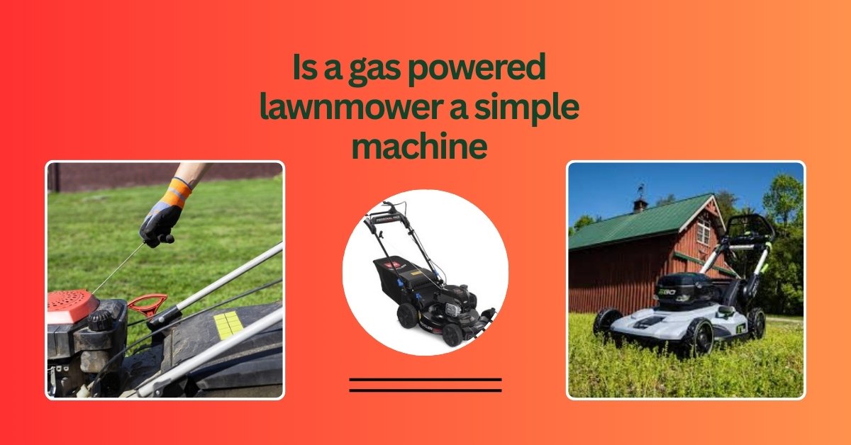 Close-up of a gas-powered lawn mower engine and blade assembly showing how it functions as a compound simple machine
