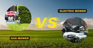 A homeowner comparing a gas lawn mower and an electric lawn mower side by side in the yard