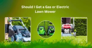 A homeowner comparing a gas lawn mower and an electric lawn mower side by side in the yard
