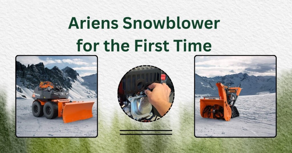 A person starting a new Ariens snowblower for the first time with fuel priming and choke settings.