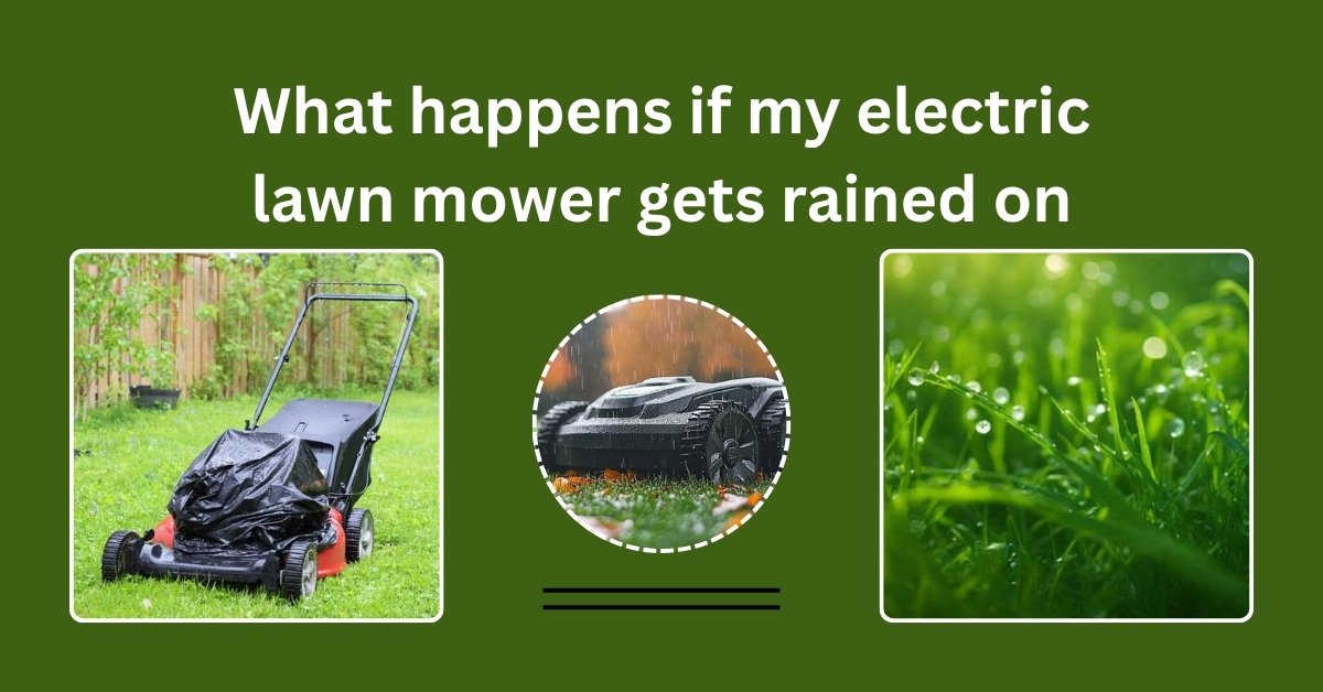 Electric lawn mower left in the rain showing signs of water damage and malfunction risk