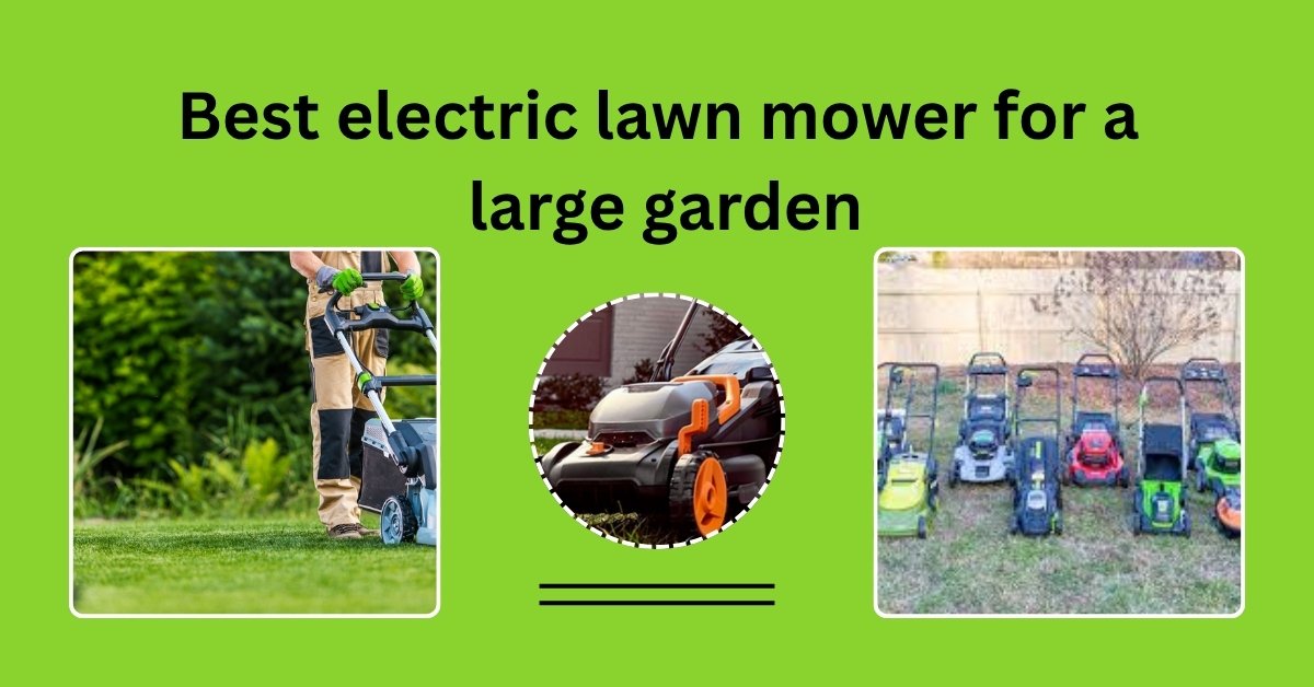 Top-rated electric lawn mower cutting grass in a large backyard garden