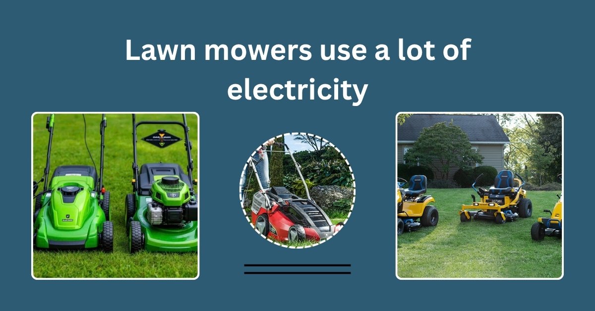 Electric lawn mower plugged into outdoor socket, highlighting high electricity usage during mowing