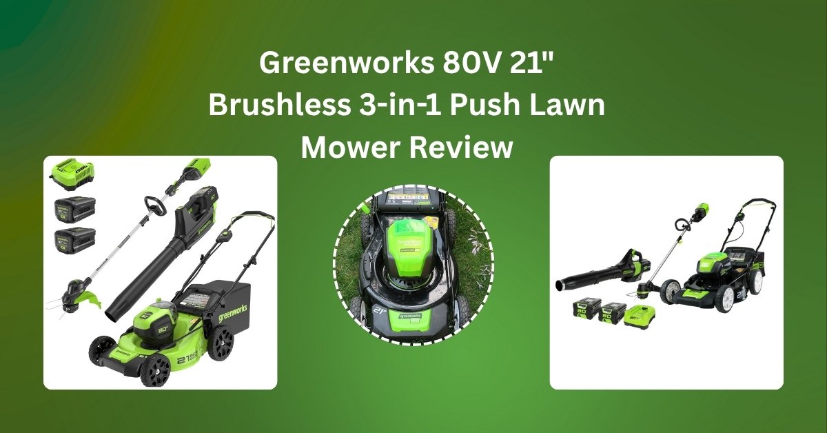 80V 21-inch brushless 3-in-1 push lawn mower on a grassy yard during testing for review