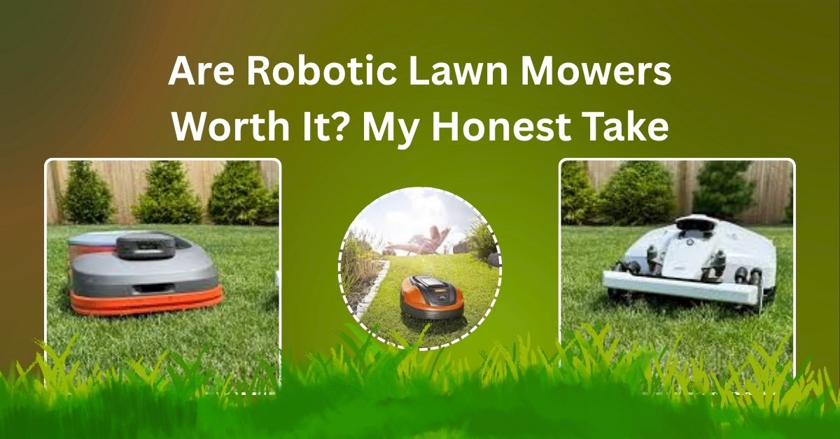 A robotic lawn mower working autonomously on a suburban lawn, evaluating if it's worth the investment