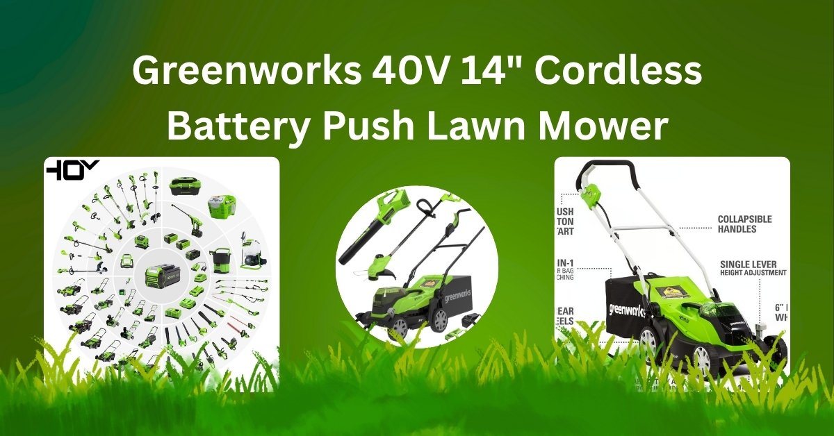 Greenworks 40V 14-inch cordless battery push lawn mower on grass during lawn care