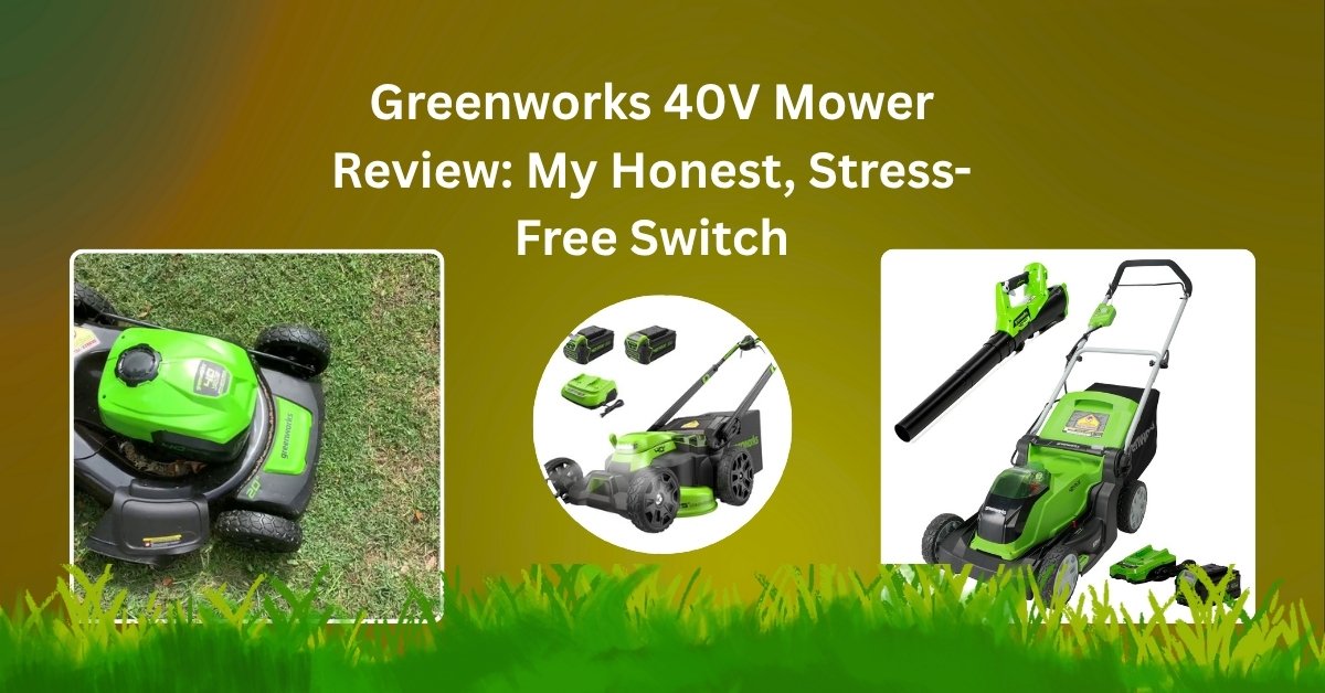 Greenworks 40V 16-inch cordless battery lawn mower in use on a suburban lawn – lightweight and eco-friendly design