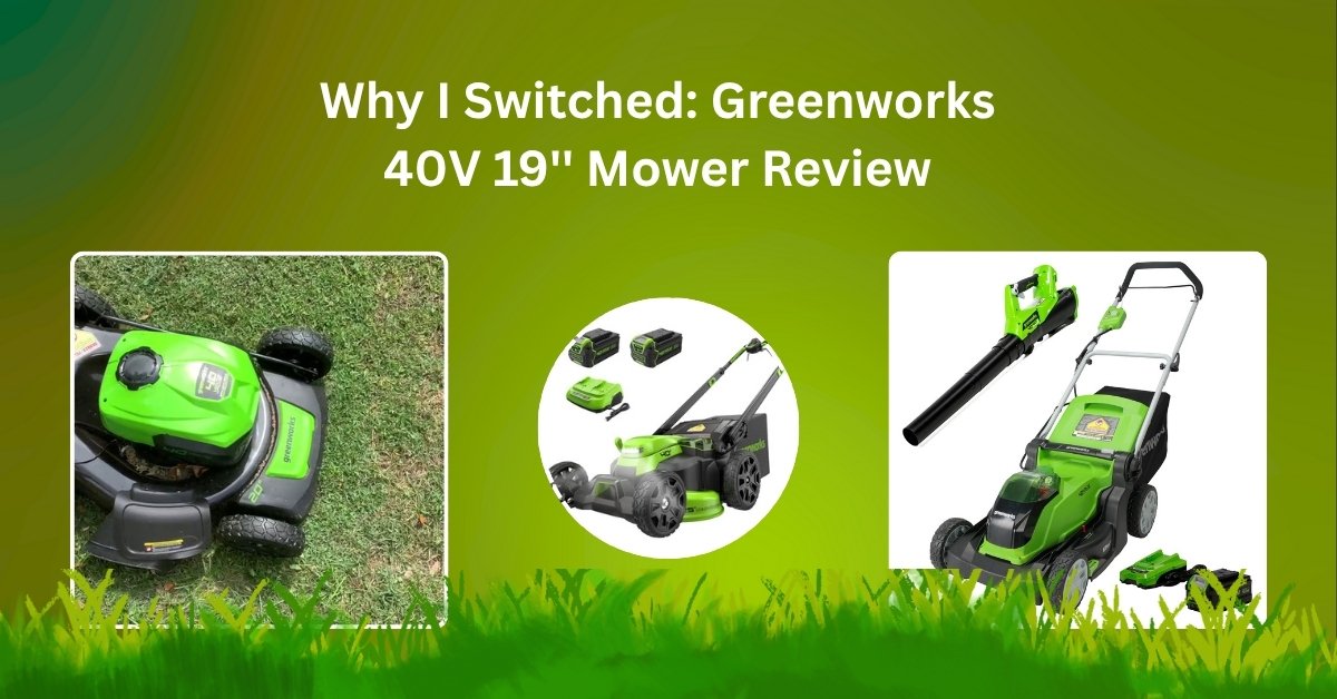 Greenworks 40V 19-inch cordless battery push lawn mower on a backyard lawn during testing
