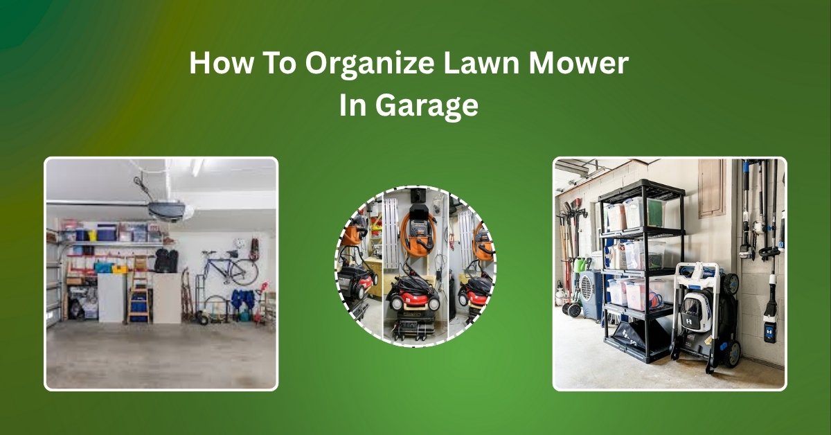 Properly organized lawn mower stored in a clean garage corner with wall-mounted tools and safety gear