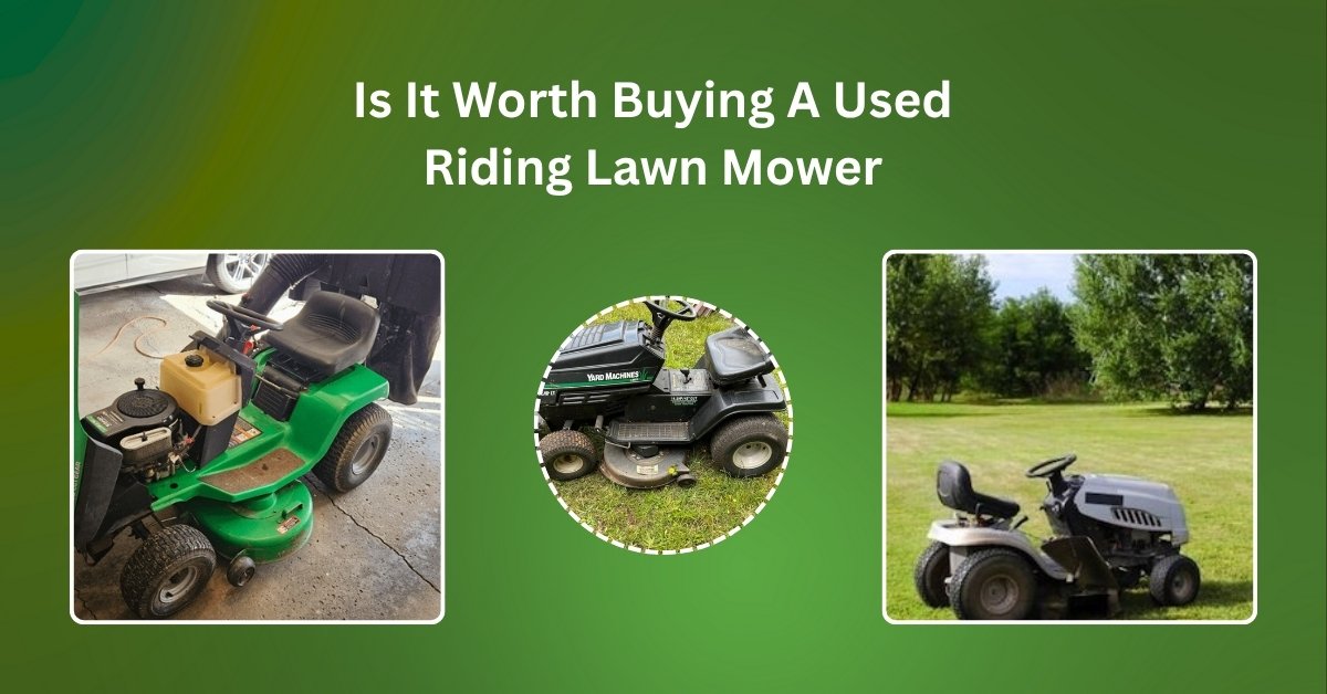A used riding lawn mower parked in a yard — evaluating its condition before purchase