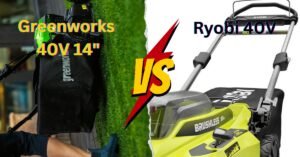 Side-by-side comparison of Ryobi and Greenworks lawn mowers showcasing design, build quality, and performance features