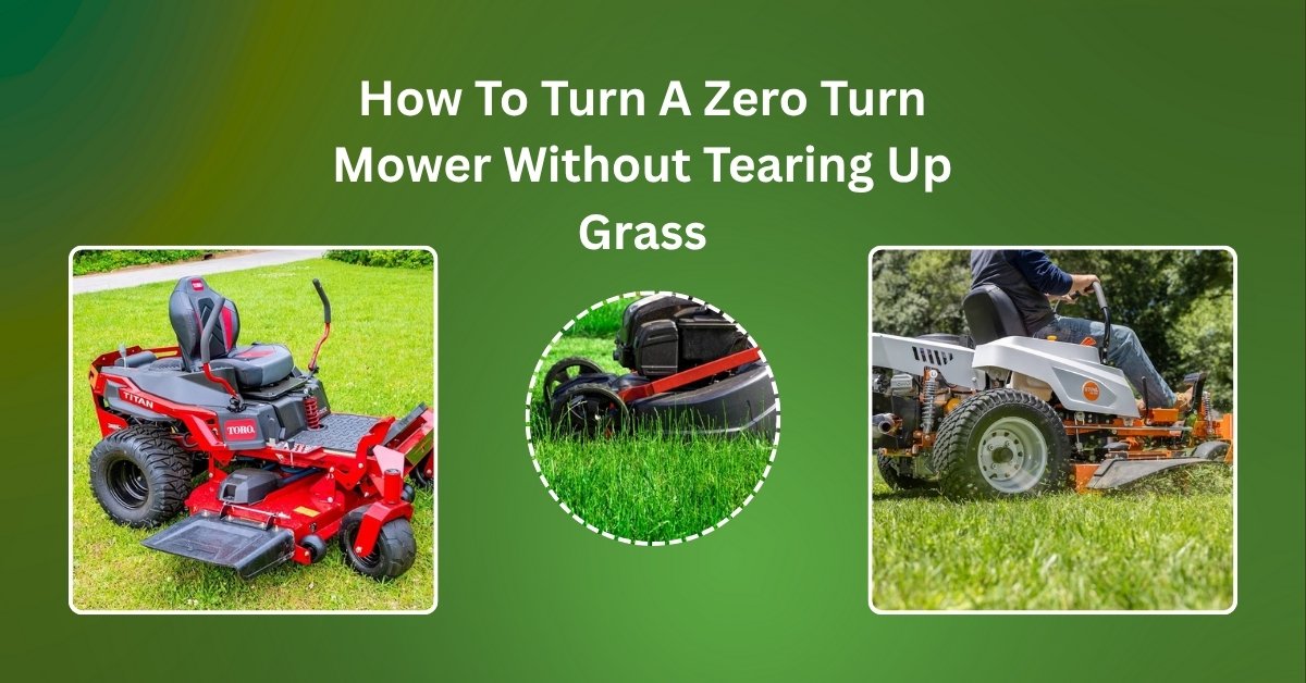 Proper technique to turn a zero turn mower without damaging the grass – close-up of mower turning on lawn