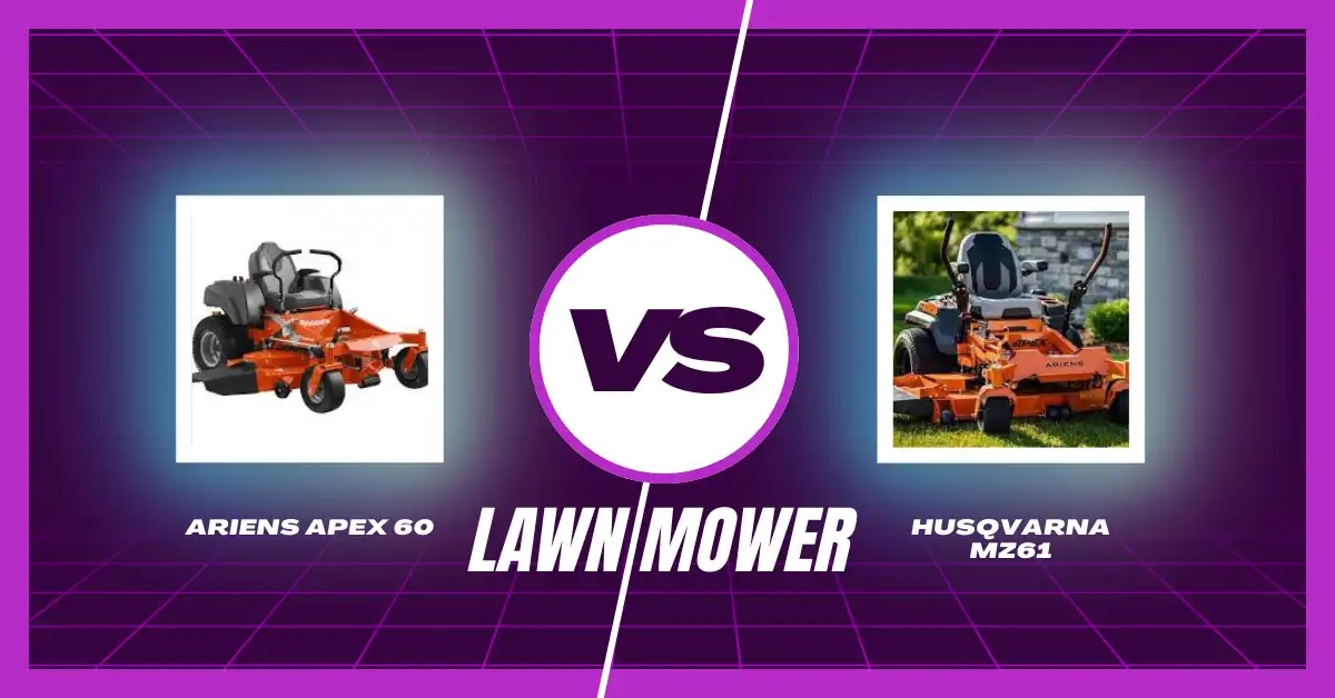 Side-by-side comparison of Ariens Apex 60 and Husqvarna MZ61 zero-turn lawn mowers highlighting design, power, and performance differences