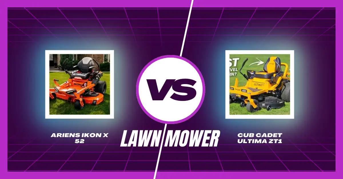 Side-by-side comparison of Ariens Ikon X 52 vs Cub Cadet Ultima ZT1 zero-turn lawn mowers highlighting performance, comfort, and value