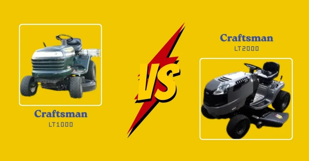 Side-by-side comparison of Craftsman LT1000 vs LT2000 riding lawn tractors highlighting design, features, and performance differences