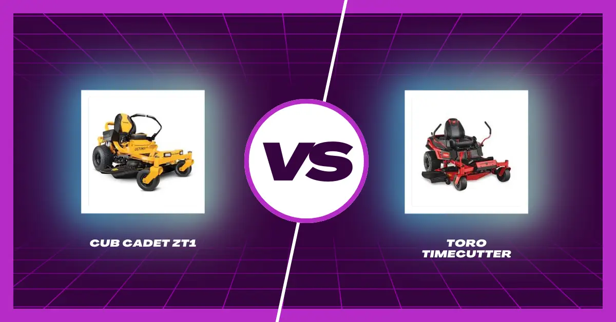 Comparison of Cub Cadet ZT1 vs Toro TimeCutter lawn mowers showing features, performance, and design differences