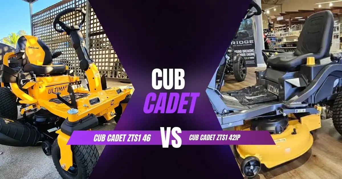 Cub Cadet ZTS1 46 and ZTS1 42IP zero-turn lawn mowers side by side, showing design and features for efficient mowing
