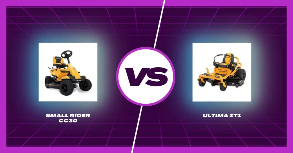 Comparison of Small Rider CC30 vs Ultima ZT1 lawn mowers highlighting features, performance, and design for home and professional use