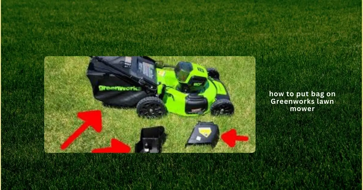 Step-by-step guide showing how to attach the grass collection bag on a Greenworks lawn mower