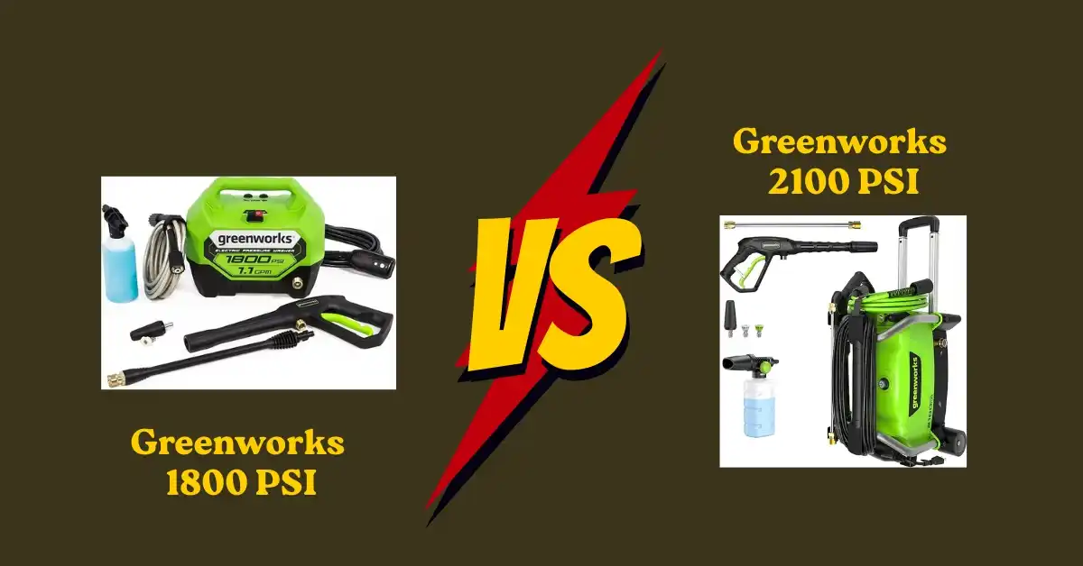 Side-by-side comparison of Greenworks 1800 vs 2100 PSI pressure washer tested with grit to measure cleaning power and performance