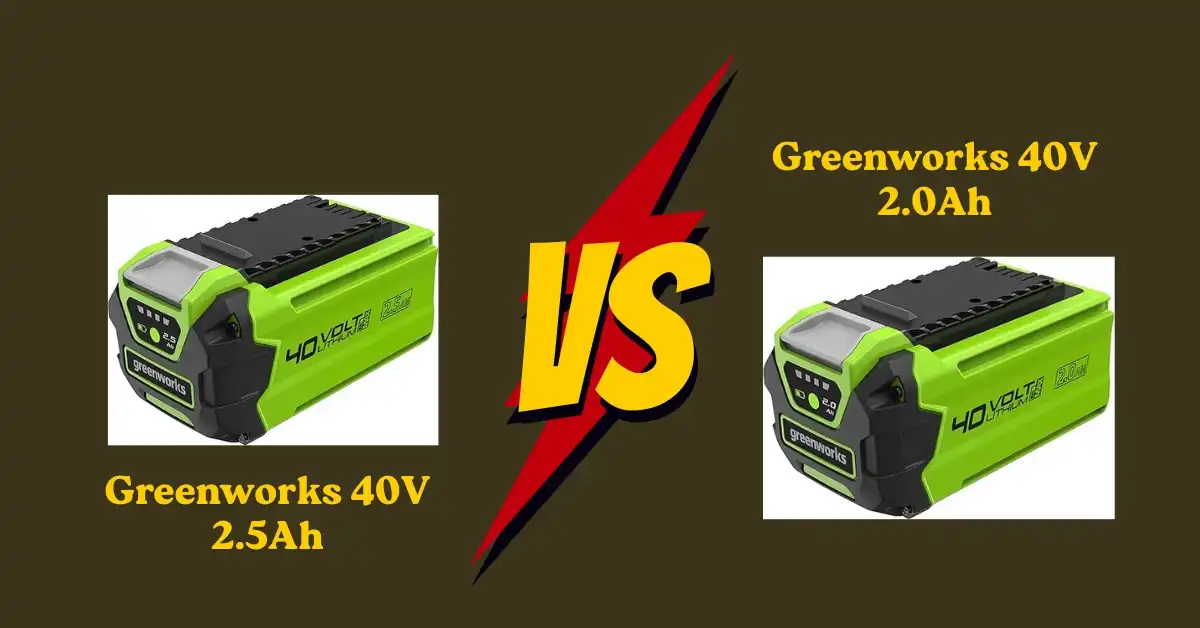 Comparison between Greenworks 40V 2.5Ah battery and 2.0Ah battery showing size, power, and performance differences