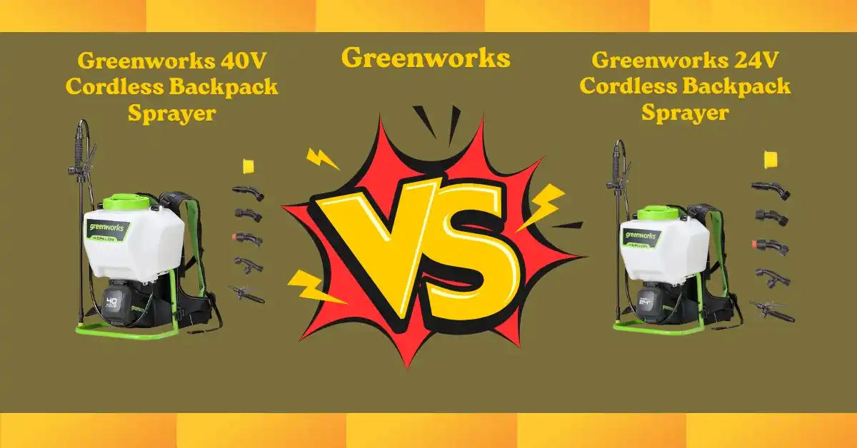 Side-by-side comparison of Greenworks 40V vs 24V cordless backpack sprayer showing design, power, and performance differences