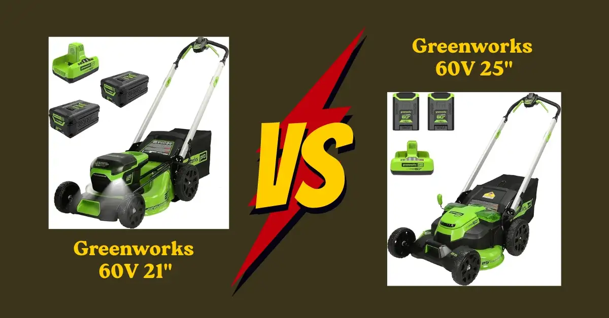 Side-by-side comparison of Greenworks 60V 21-inch vs 25-inch lawn mower showing design, size, and performance differences