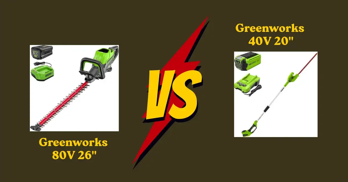 Side-by-side comparison of Greenworks 80V 26 Hedge Trimmer vs 40V 20 Hedge Trimmer showing design, power, and cutting performance differences