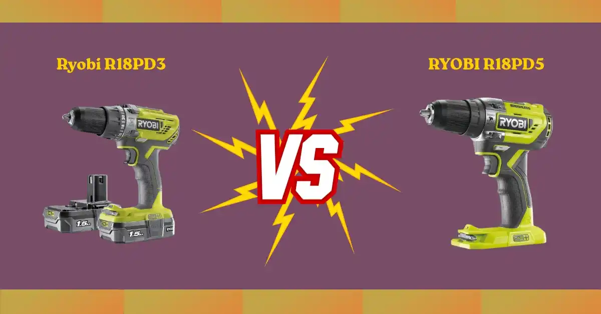 Side-by-side comparison of Ryobi R18PD3 vs R18PD5 cordless drills showing design, features, and real user performance insights