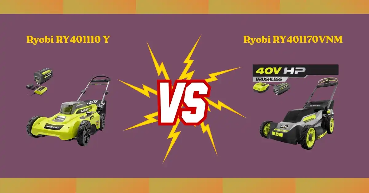 Side-by-side comparison of Ryobi RY401110Y vs RY401170VNM cordless lawn mowers – features, performance, and value
