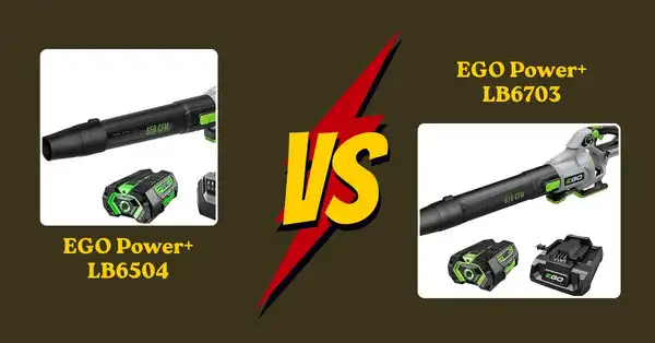 Comparison between EGO Power+ LB6703 and LB6504 cordless leaf blowers showing key differences in power, battery life, and performance