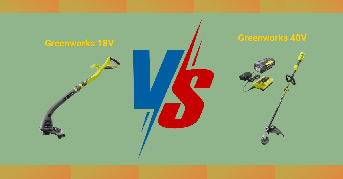 Comparison between Greenworks 18V and 40V cordless lawn mowers showing design, power, and battery differences