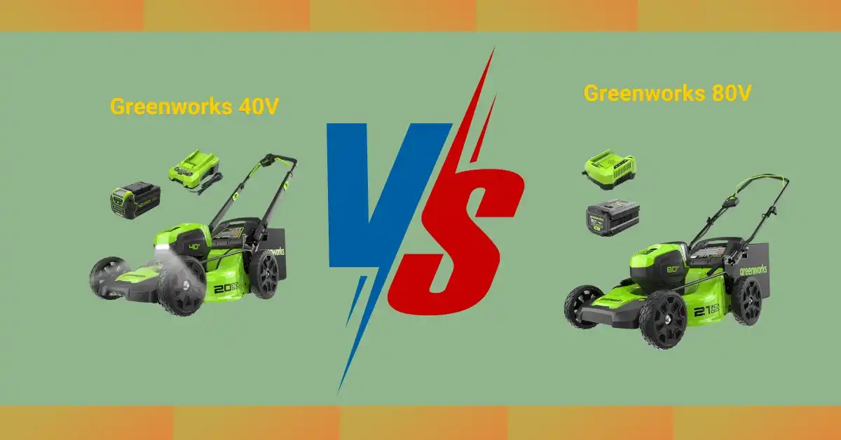 Side-by-side comparison of Greenworks 40V and 80V lawn mowers showing design, battery size, and mowing performance differences.