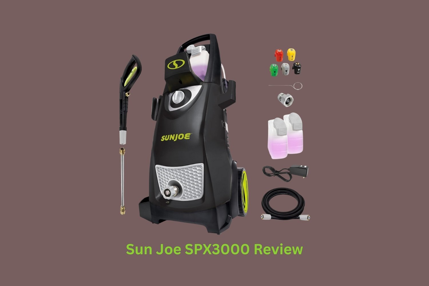 Sun Joe SPX3000 electric pressure washer with spray gun, hose, and nozzles shown for home cleaning use