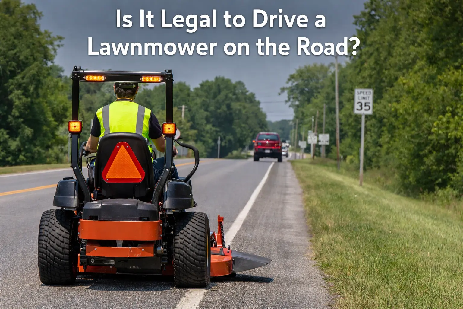 A high-visibility worker driving a zero-turn lawnmower on a rural road with flashing amber lights and a slow-moving vehicle sign, while cars approach from behind.