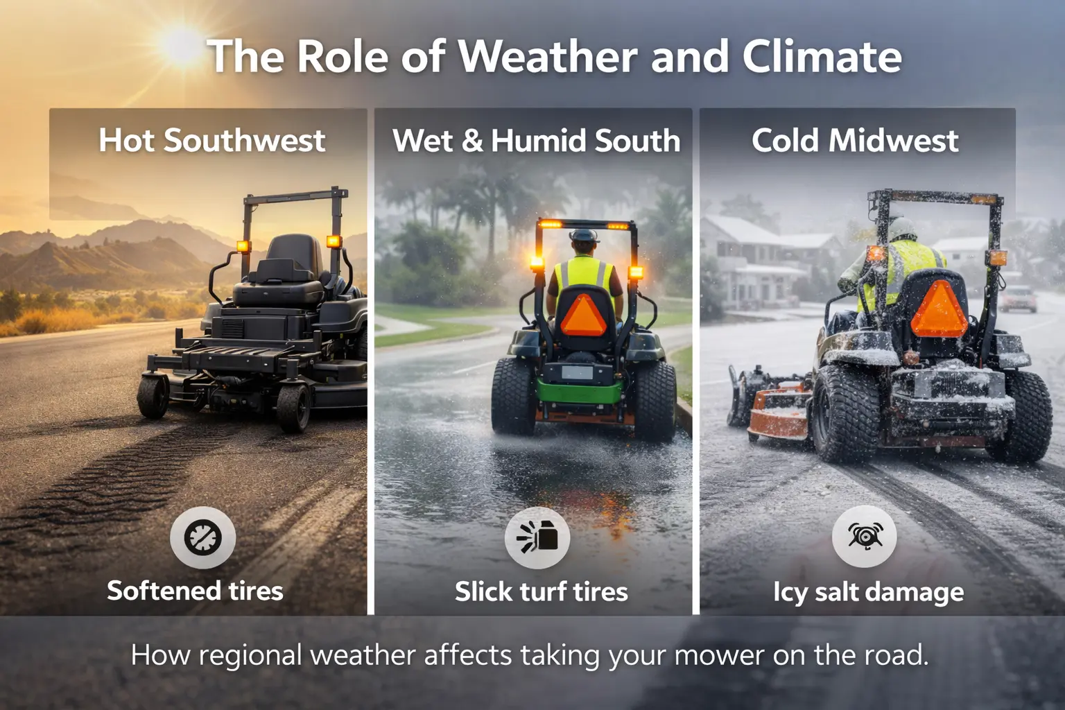 A three-panel image showing how different U.S. weather conditions affect lawnmower road use, including hot desert heat, wet rainy roads, and icy winter conditions.