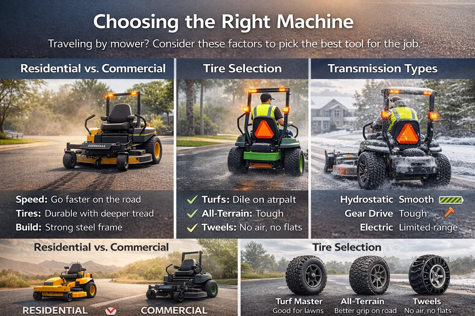 An infographic comparing residential and commercial lawnmowers, tire types, and transmission options to help choose the right mower for road travel.