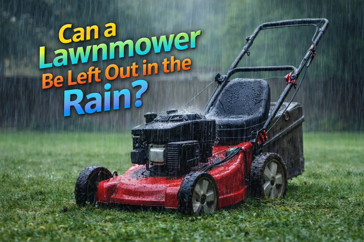 A lawnmower left outside in heavy rain showing water damage risk and why proper storage matters