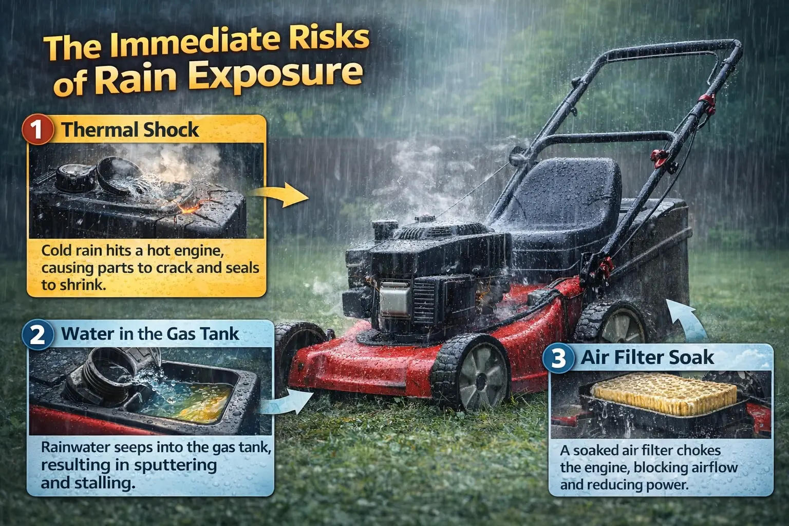 Rainwater affecting a lawnmower engine, gas tank, and air filter, showing how moisture can cause thermal shock and engine failure