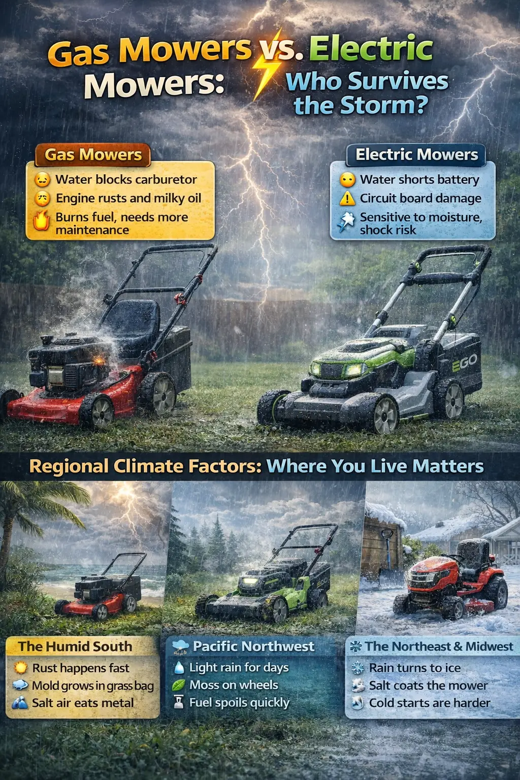 Comparison of gas and electric lawnmowers in heavy rain, showing how water affects engines, batteries, and performance in different climates