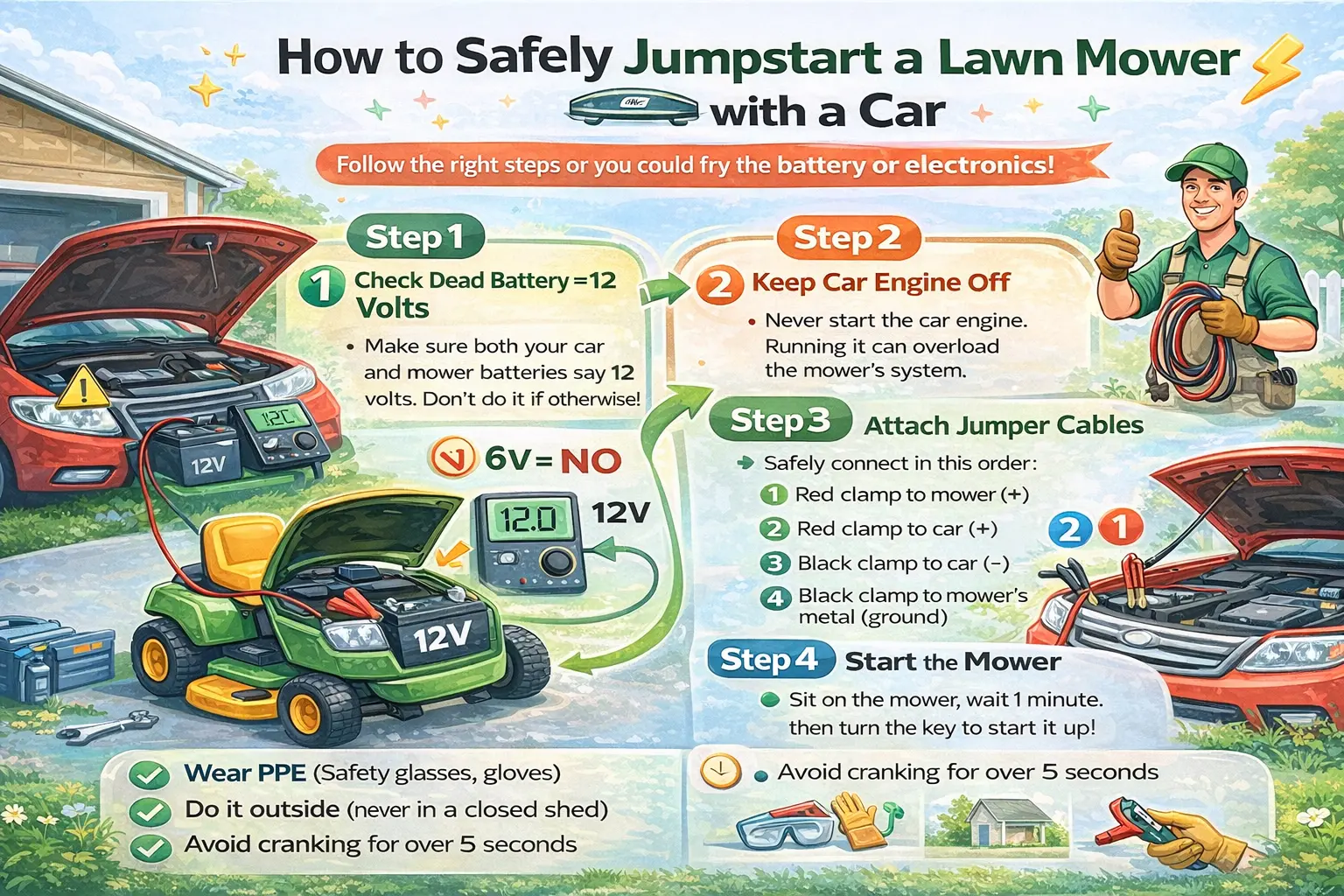 Step-by-step infographic showing how to safely jumpstart a lawn mower with a car, including checking 12-volt batteries, connecting jumper cables correctly, and safety precautions.
