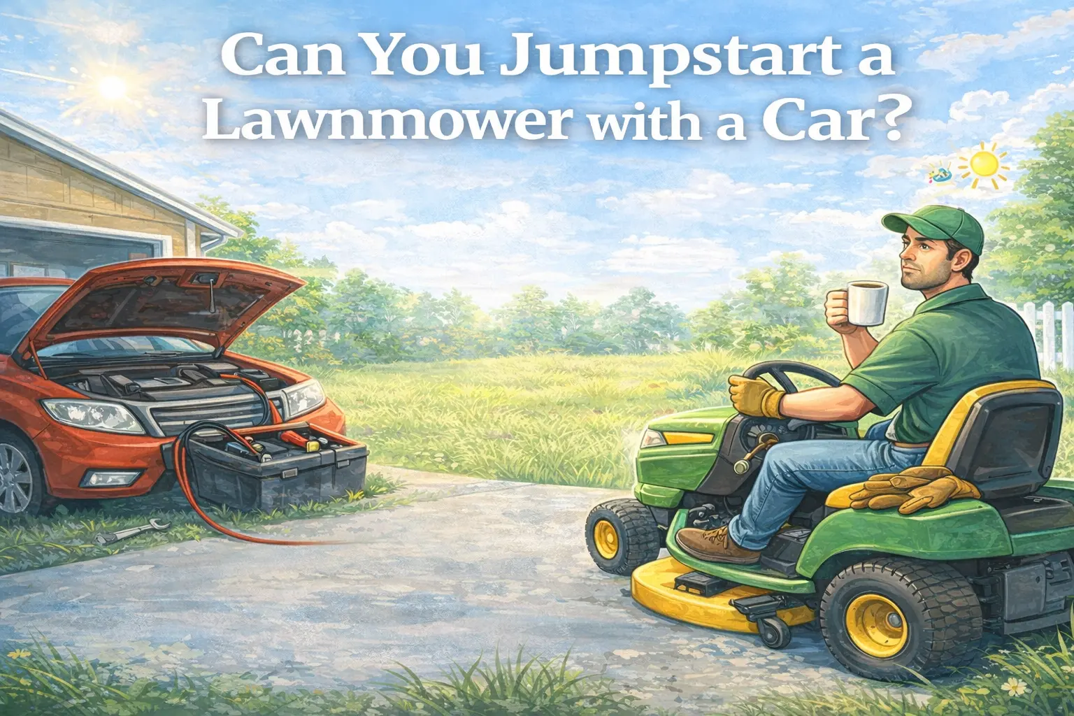 Man sitting on a riding lawn mower in a sunny driveway looking at a car with jumper cables, illustrating how to jumpstart a lawn mower with a car.