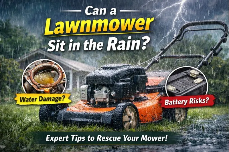 Lawnmower sitting in heavy rain showing water damage and battery risks while explaining can a lawnmower sit in the rain safely
