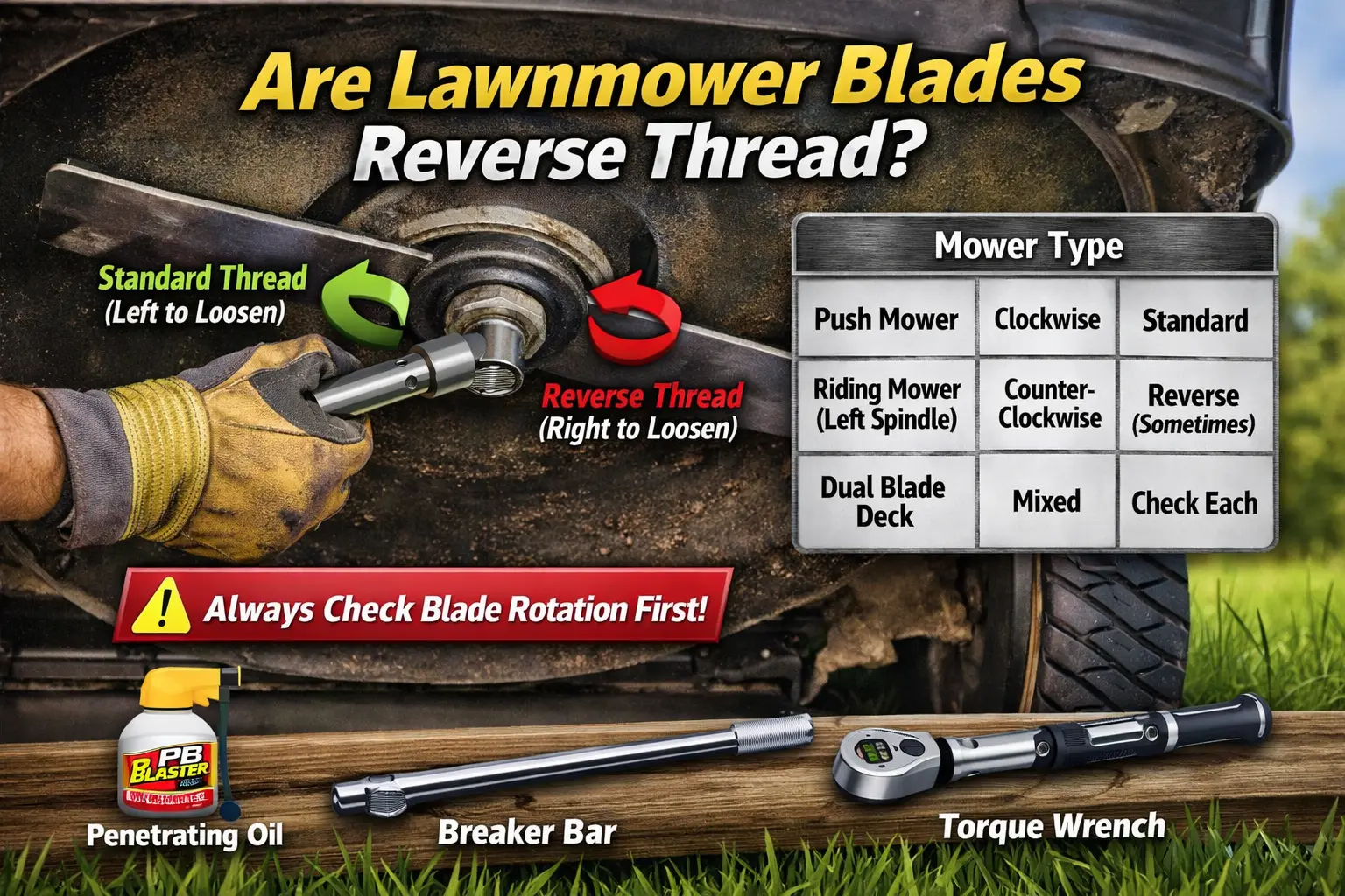 Infographic showing lawnmower blade bolt direction, comparing standard and reverse threads, blade rotation on push and riding mowers, and safety tips before loosening the blade.