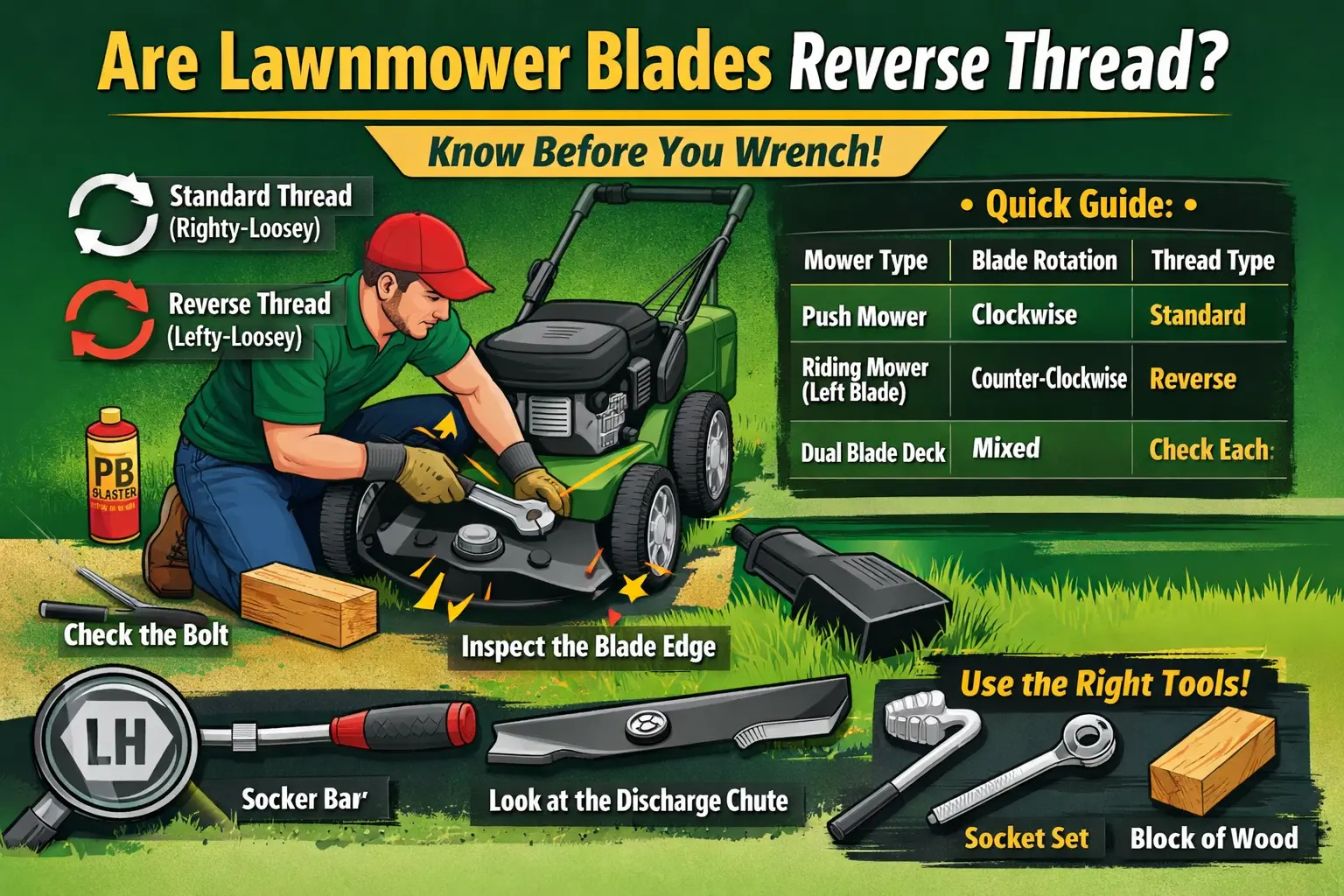 Infographic explaining whether lawnmower blades use reverse thread, showing standard vs reverse thread directions, blade rotation, mower types, and proper tools for safe blade removal.