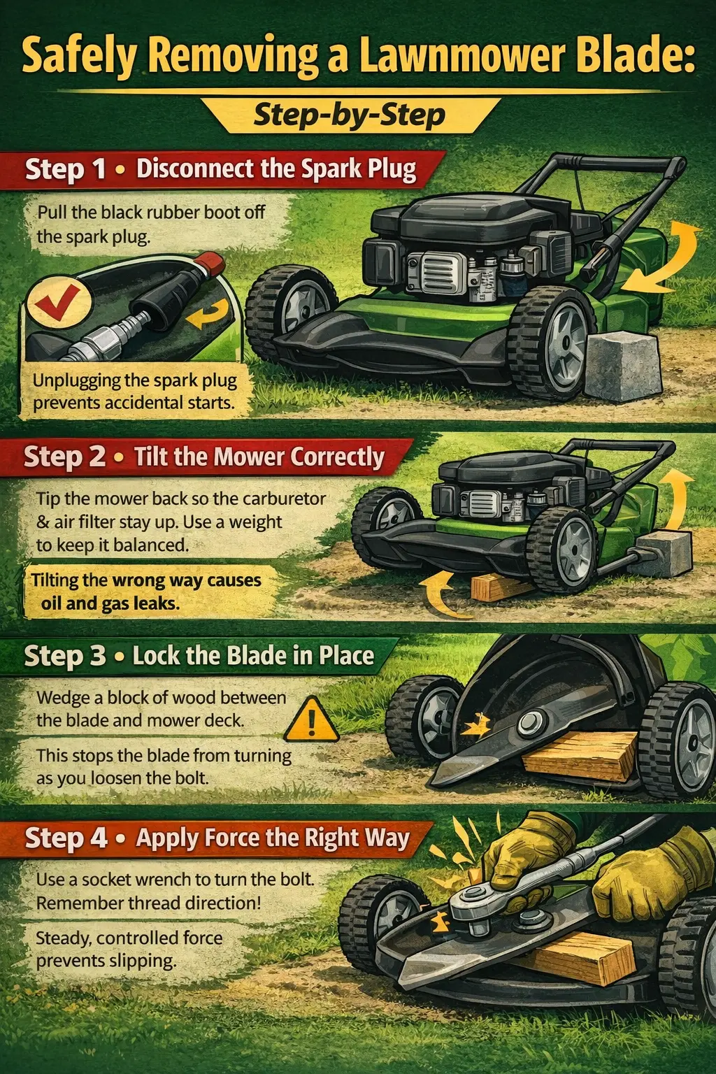 Step-by-step infographic showing how to safely remove a lawnmower blade, including disconnecting the spark plug, tilting the mower correctly, locking the blade with a wood block, and loosening the bolt safely.
