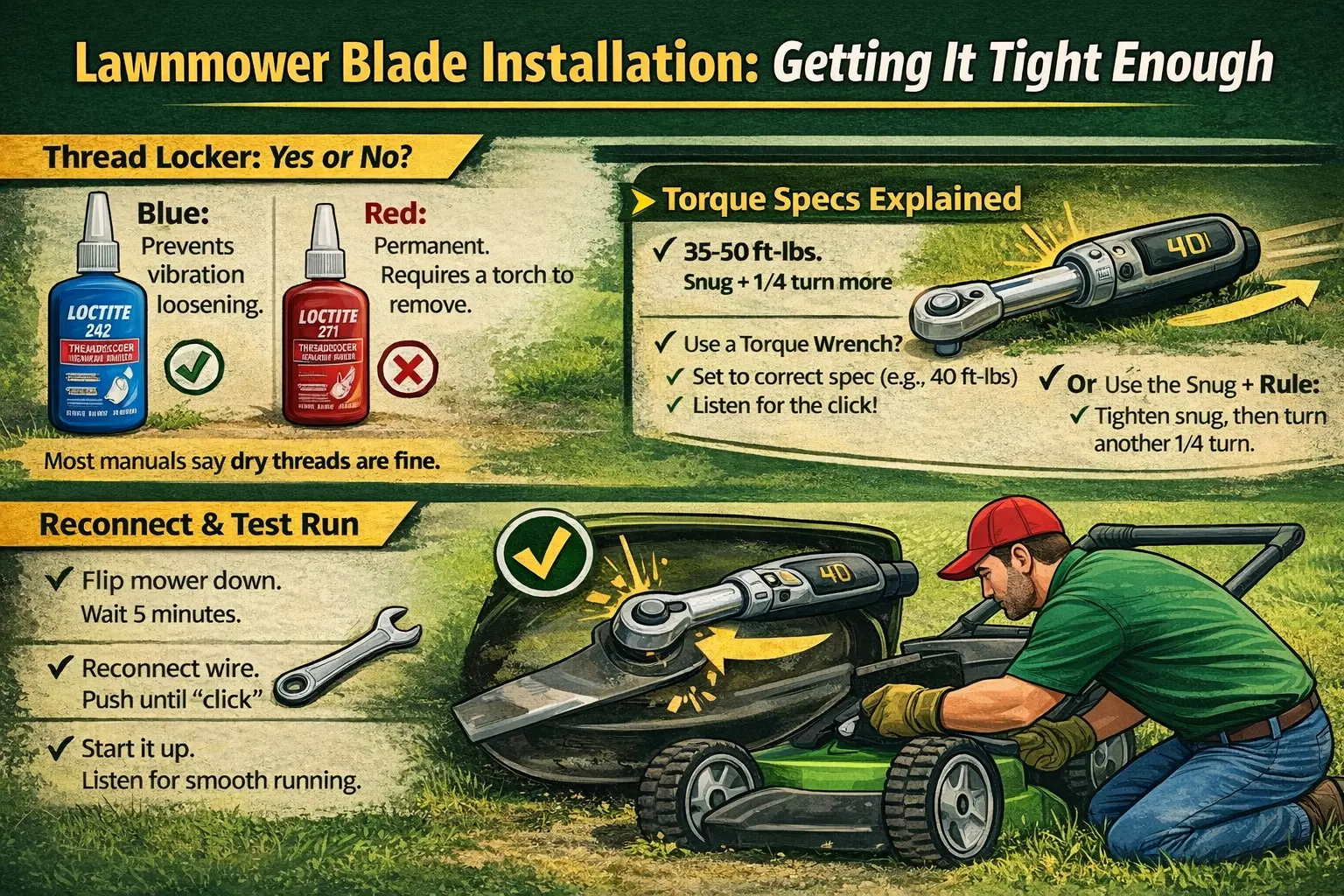 Infographic showing how to properly tighten a lawnmower blade during installation, including thread locker options, torque specifications, snug plus quarter-turn method, and final test run checks.