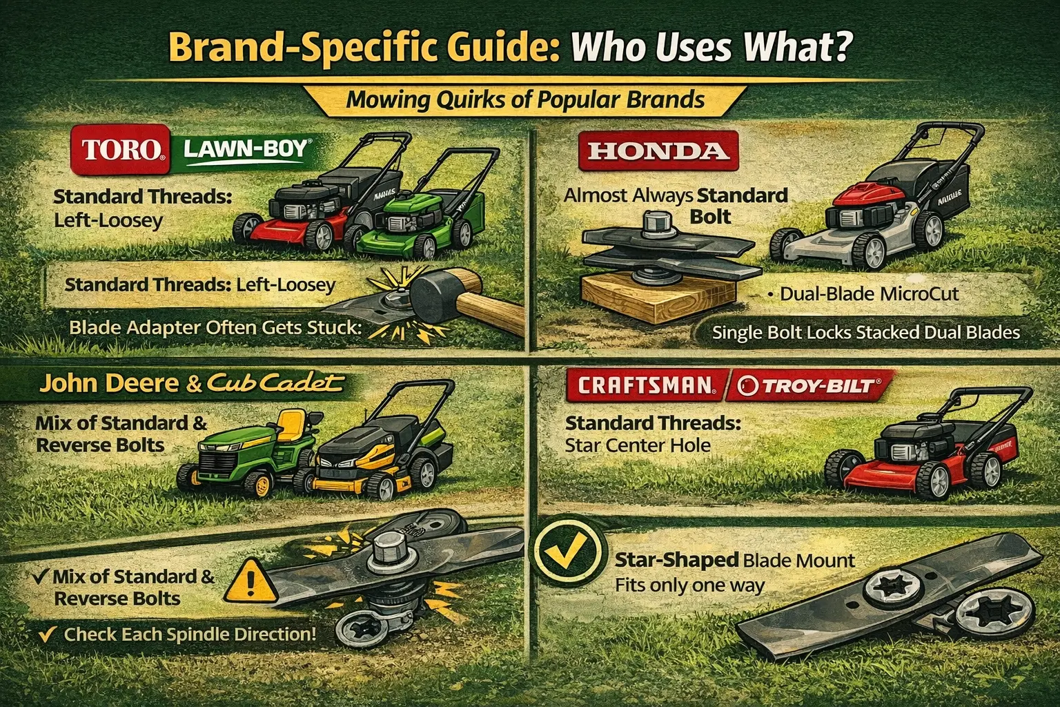 Infographic comparing lawnmower blade bolt types by brand, showing Toro and Lawn-Boy standard threads, Honda dual-blade standard bolts, John Deere and Cub Cadet mixed standard and reverse threads, and Craftsman and Troy-Bilt star-shaped blade mounts.