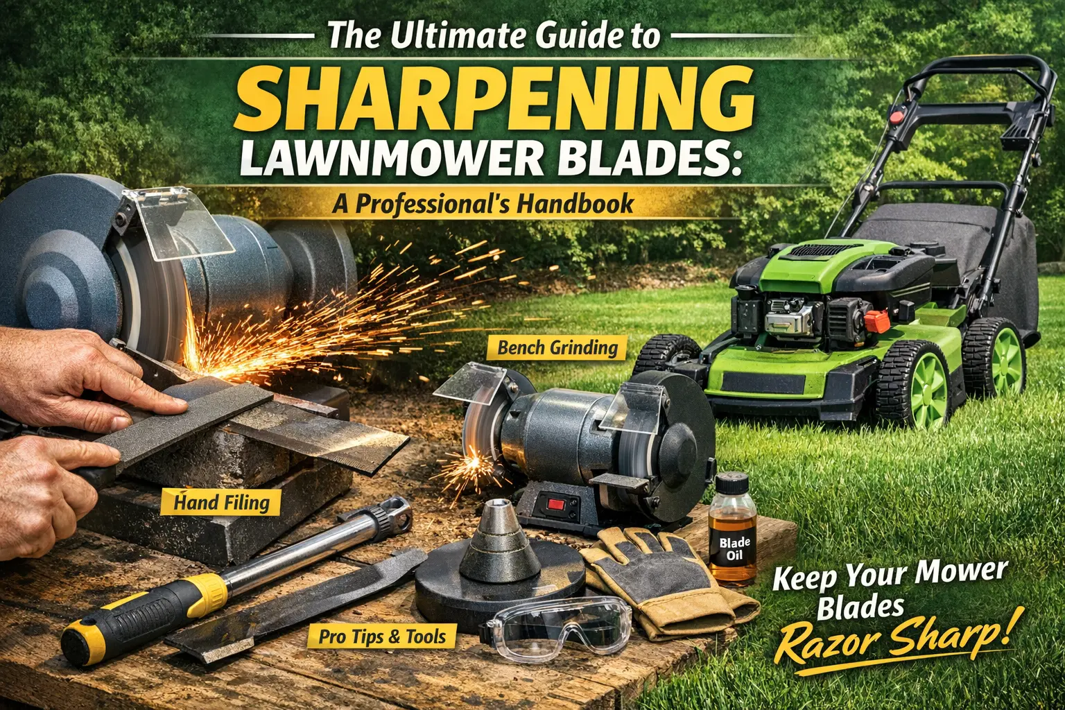 Professional lawnmower blade sharpening process using hand file and bench grinder with safety tools on a green lawn mower